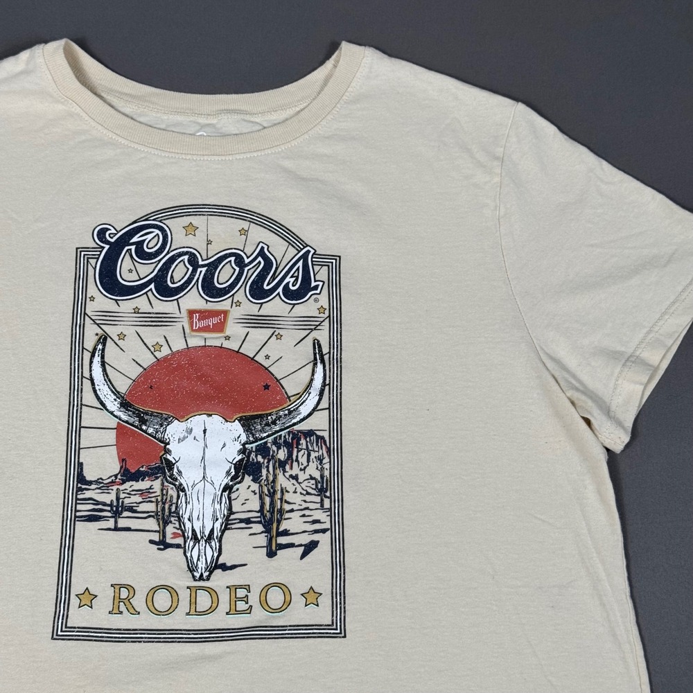 Coors Rodeo Shirt Women's XL Beige Crop‎ Top Graphic Tee Bull Skull